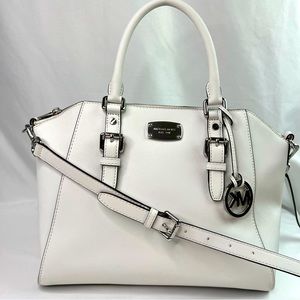 Michael Kors Crossbody Satchel Bag -White -Saffiano Leather Silver Tone Hardware